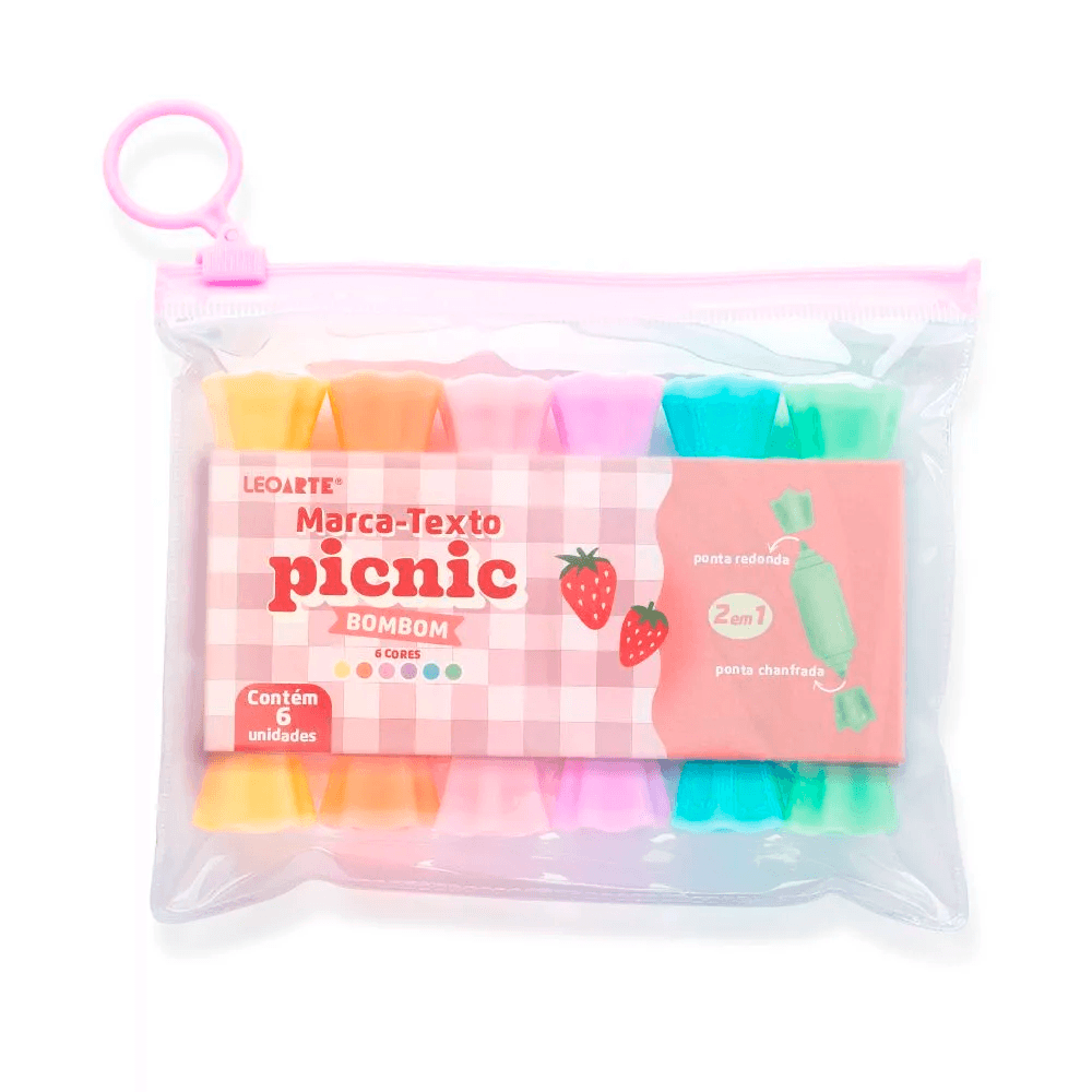 Marca-Texto Mini 2 em 1 Bombom Picnic com 6 Cores - Leo-Leo Marca-Texto Mini 2 em 1 Bombom Picnic com 6 Cores - Leo-Leo